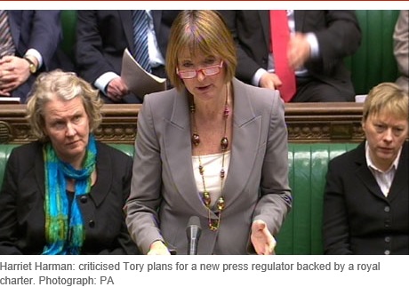 Harriet Harman: criticised Tory plans for a new press regulator backed by a royal charter. Photograph: PA