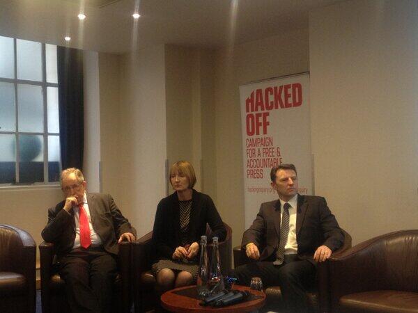 Lord McNally, Harriet Harman and Gerry McCann about to talk at Hacked Off conference, 11 Feb 2013