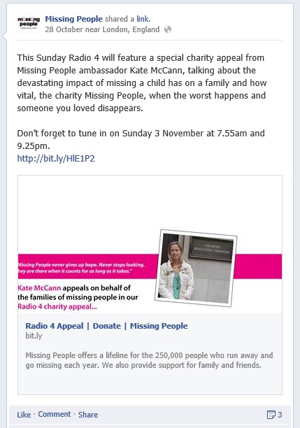 Charity appeal from Missing People ambassador Kate McCann, 28 October 2013