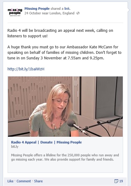 Radio 4 to broadcast an appeal next week for Missing People, read by Kate McCann