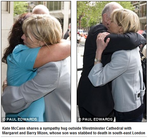 Kate McCann shares a sympathy hug outside Westminster Cathedral with Margaret and Barry Mizen