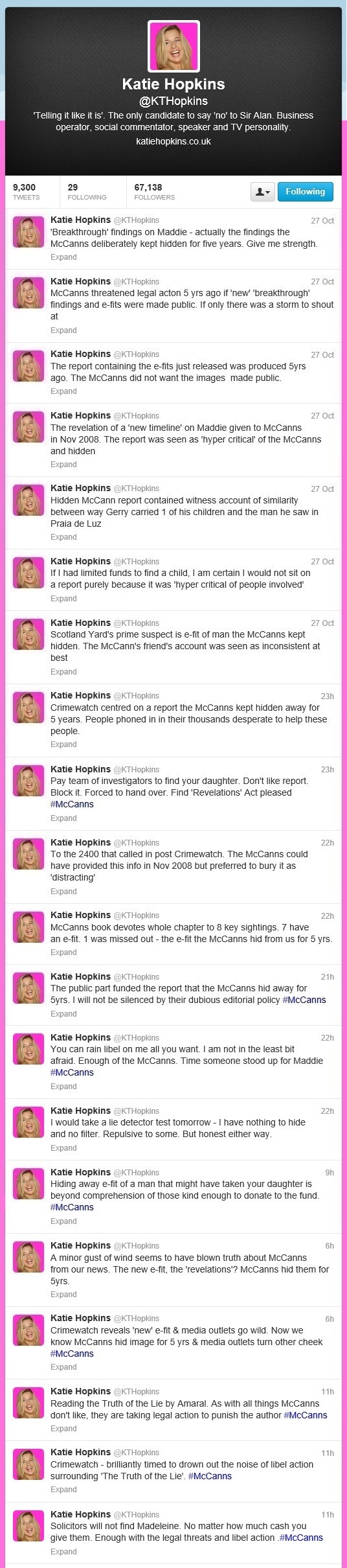Katie Hopkins tweets, 27/28 October 2013