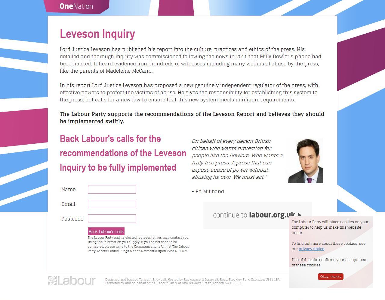 A section of the Labour Party website featuring Maddie McCann and Milly Dowler, asking people to pledge their support, 03 December 2012