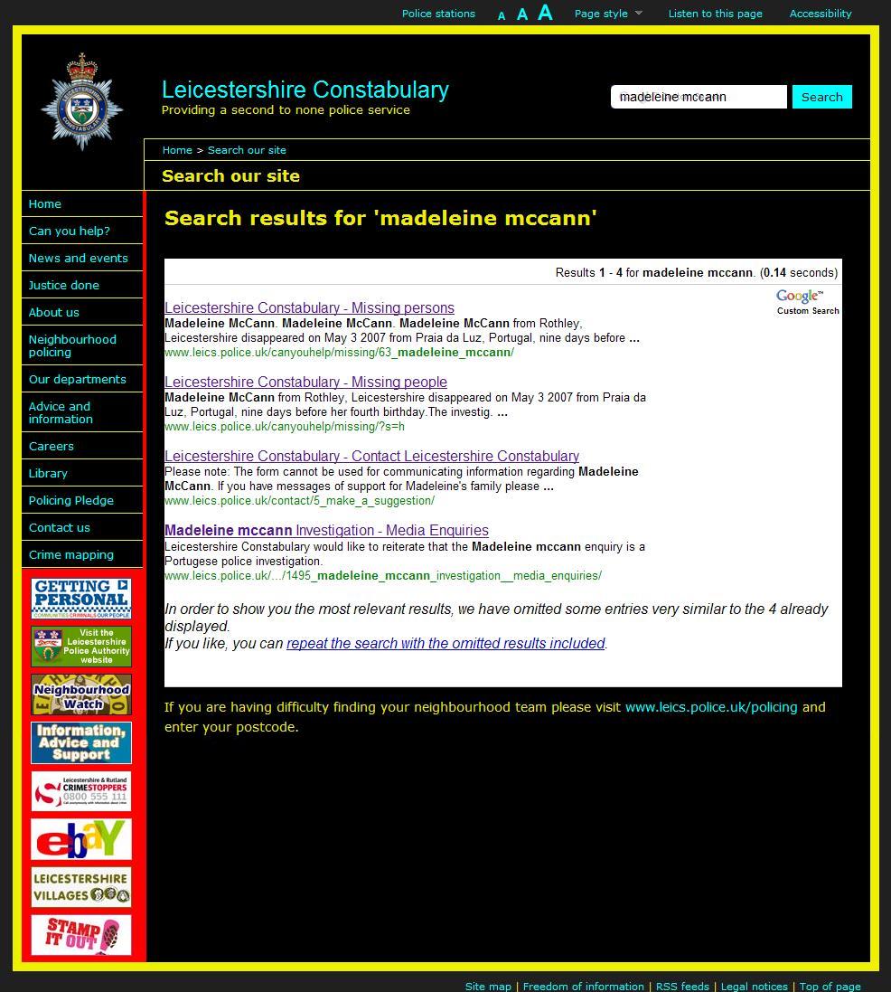Leicestershire Police website, search results for 'Madeleine McCann'