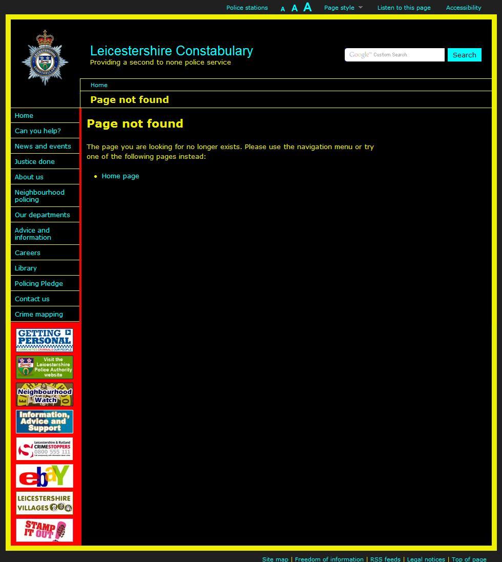 Leicestershire Police website, 'Missing Person' page for Madeleine McCann shows 'Page not found'