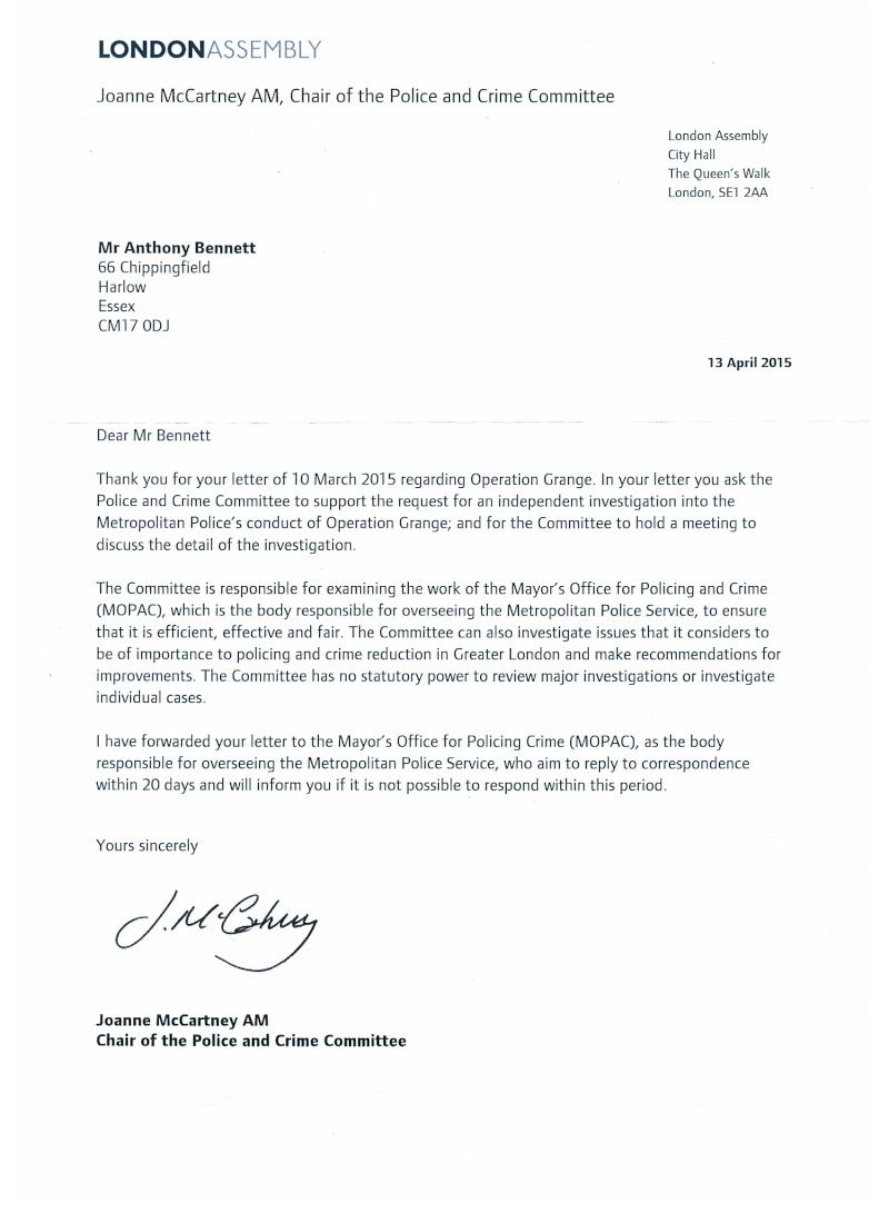 Letter from Joanne McCartney AM, Chair of the Police and Crime Committee