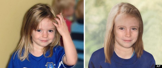 Composite photos showing three-year-old Madeine McCann, left, with a computer generated age progression image of the missing child as she might look now, right, issued Thursday July 4, 2013.