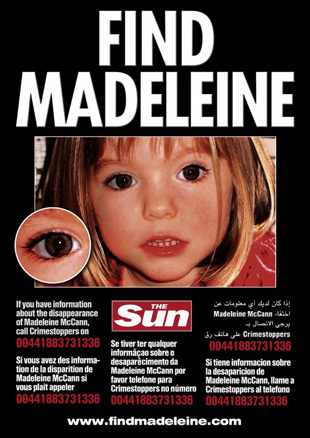 The Maddie leaflet and poster distributed in Huelva (click to enlarge)
