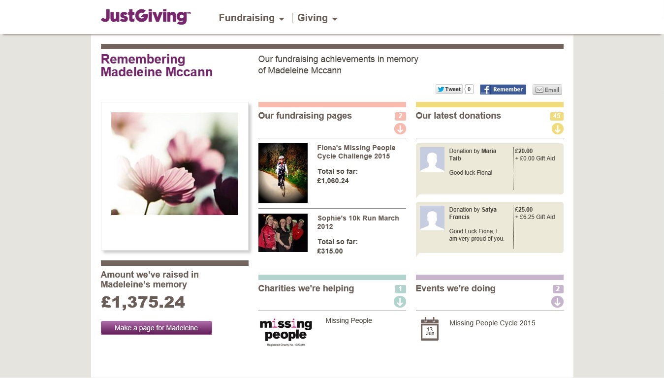 Remembering Madeleine McCann JustGiving page