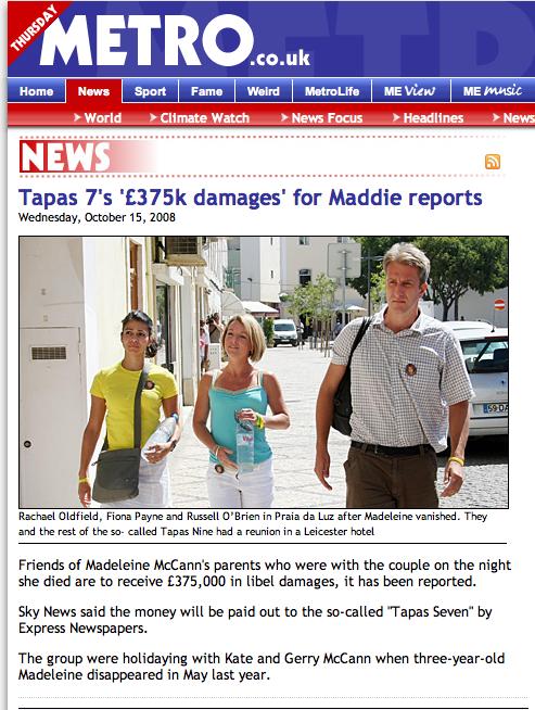 Screenshot of Metro article stating Madeleine 'died'