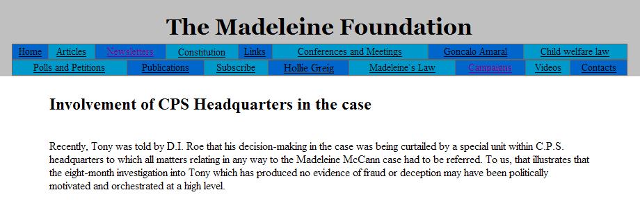 The Madeleine Foundation statement on CPS involvement, 02 July 2010