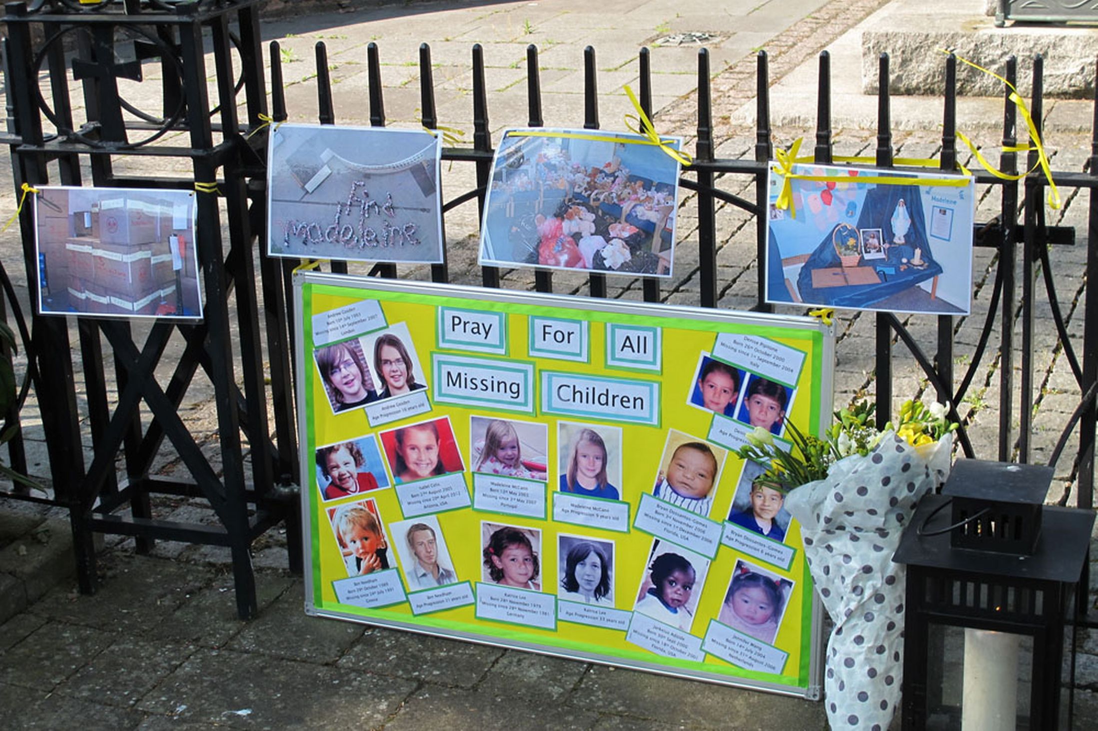 Tributes to missing Madeleine McCann, at a low-key open-air service in the centre of Rothley, Leicestershire, on the seventh anniversary of the girl's disappearance