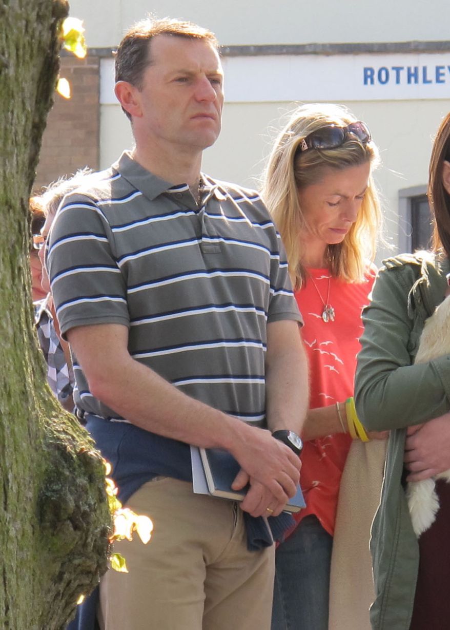 Gerry and Kate McCann, the parents of missing Madeleine McCann, during a low-key open-air service in the centre of Rothley, Leicestershire, on the seventh anniversary of her disappearance