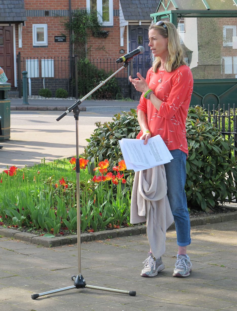 Kate McCann, the mother of missing Madeleine McCann, speaks during a low-key open-air service in the centre of Rothley, Leicestershire, on the seventh anniversary of her disappearance