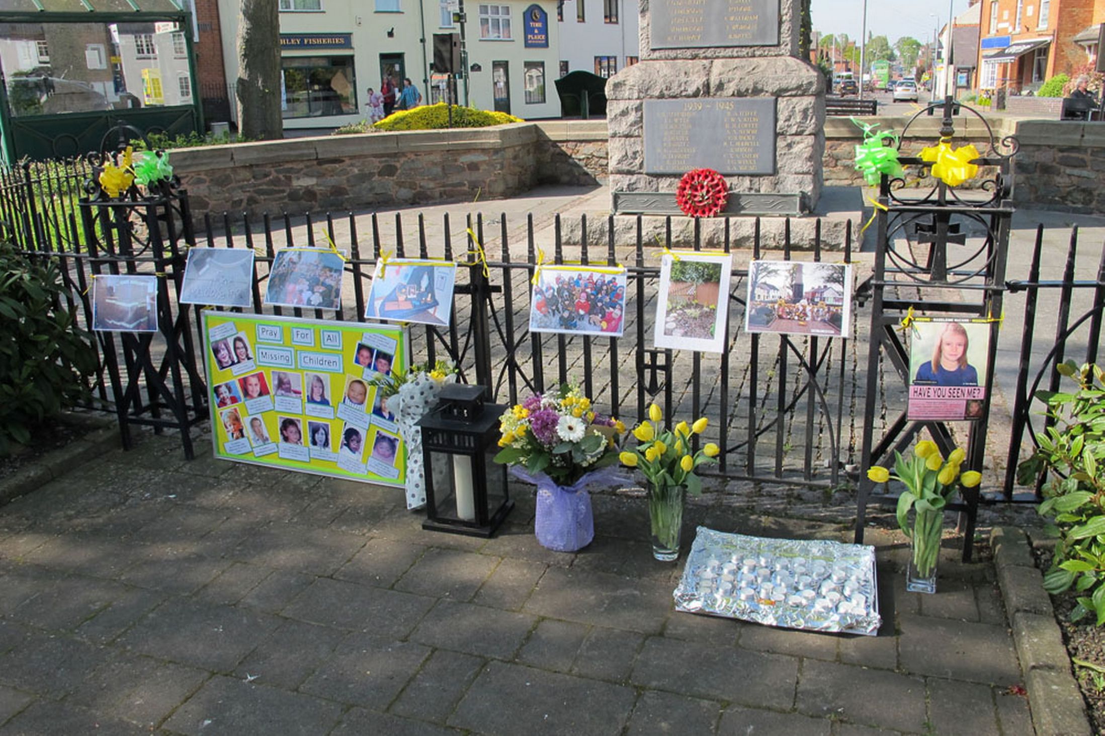 Tributes to missing Madeleine McCann, at a low-key open-air service in the centre of Rothley, Leicestershire, on the seventh anniversary of the girl's disappearance