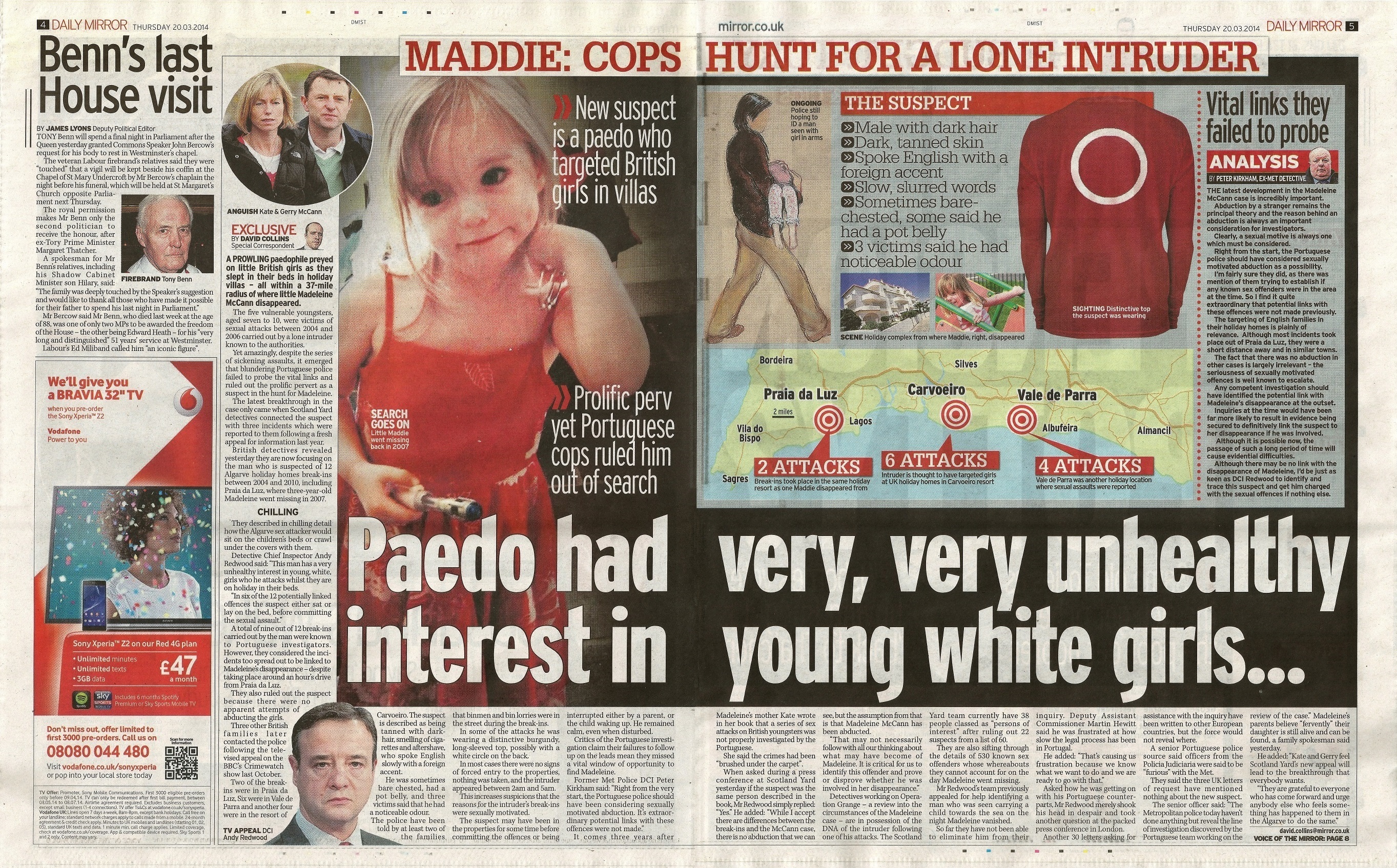 Daily Mirror, paper edition: 'Paedo had very, very unhealthy interest in young white girls...', 20 March 2014