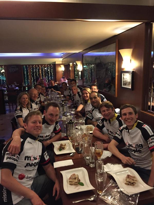 @MissingPeople #Edinburgh2London riders try on their jerseys while carb- loading for the start tomorrow.