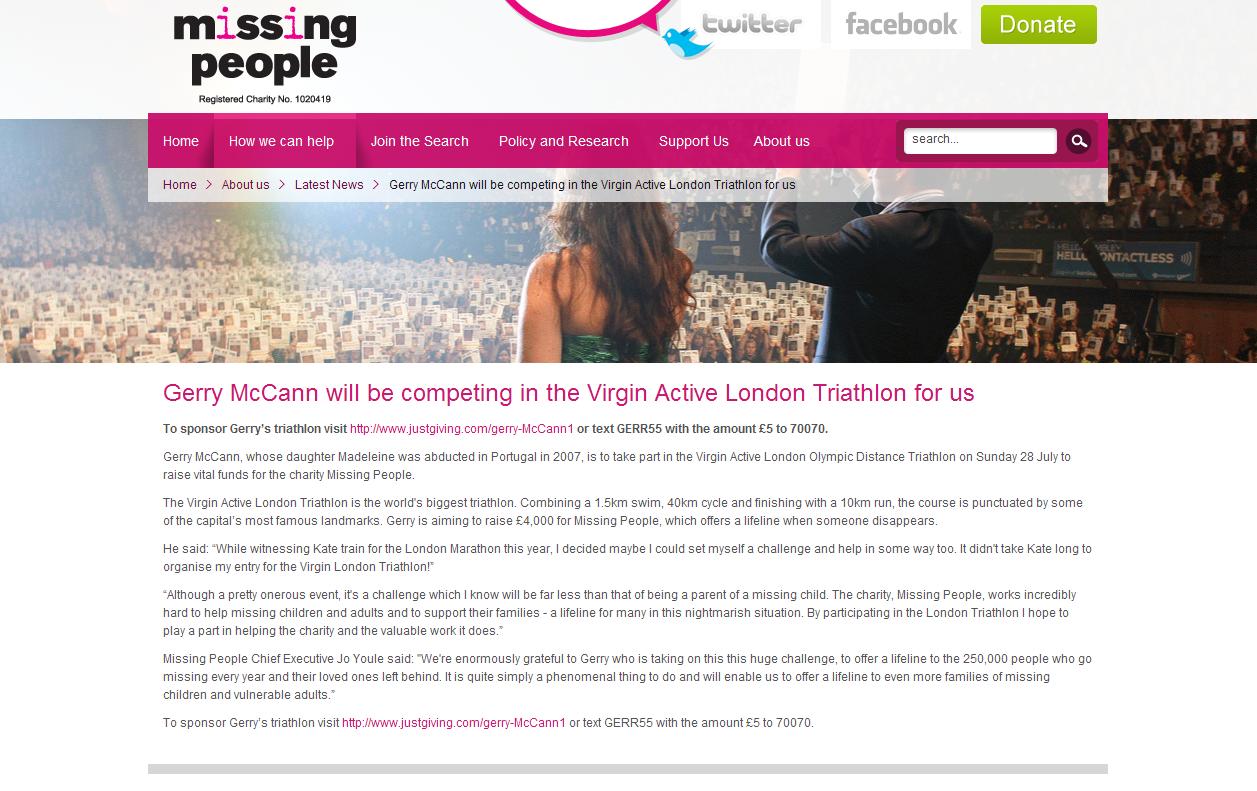 Missing People: Gerry McCann will be competing in the Virgin Active London Triathlon for us