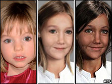 Madeleine, left, and two aged-progressed photos of her
