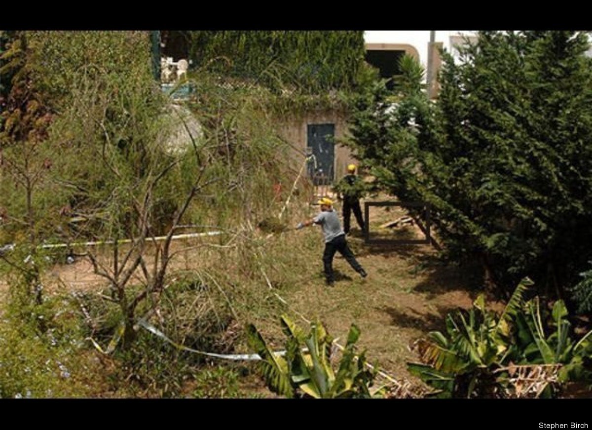 A photo of the May 15, 2007 search of the property in Praia da Luz where Stephen Birch believes he found a grave. The black box indicates the rubble pile he claims police never searched.