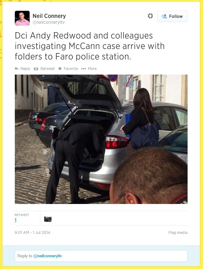 Dci Andy Redwood and colleagues investigating McCann case arrive with folders to Faro police station.