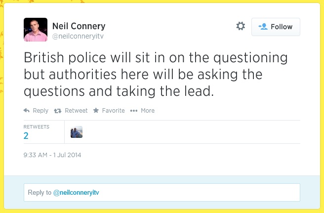 British police will sit in on the questioning but authorities here will be asking the questions and taking the lead.