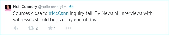 Sources close to #McCann inquiry tell ITV News all interviews with witnesses should be over by end of day.