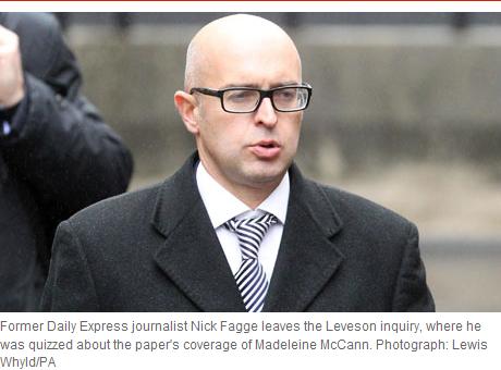 Former Daily Express journalist Nick Fagge leaves the Leveson inquiry, where he was quizzed about the paper's coverage of Madeleine McCann.