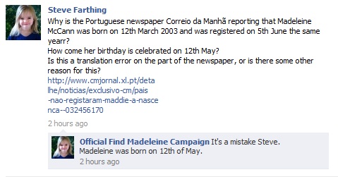 Official Find Madeleine Campaign Facebook entry, 03 May 2011