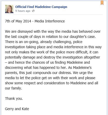Media interference - Official Find Madeleine Campaign - Facebook