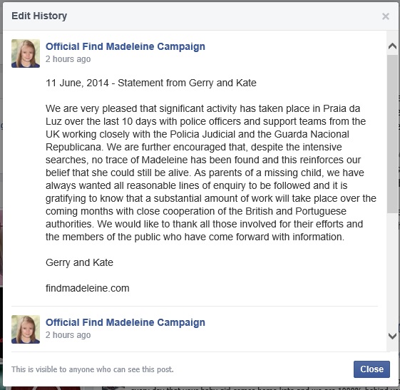 11 June, 2014 - Statement from Gerry and Kate Official Find Madeleine Campaign - Facebook