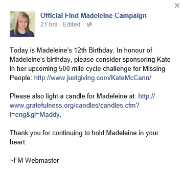 Official Find Madeleine Campaign: Madeleine's 12th Birthday, 12 May 2015