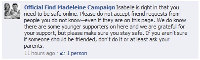 Official Find Madeleine Campaign Facebook entry, 02 May 2011