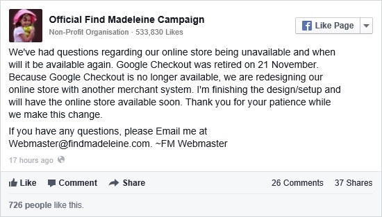 Official Find Madeleine Campaign: Statement on unavailability of online store, 07 December 2013