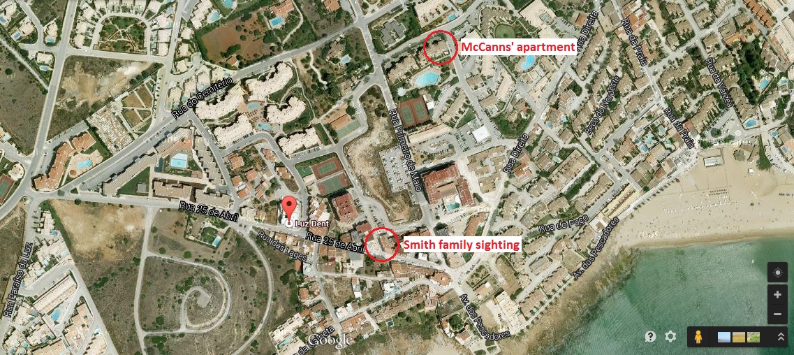 Map of Praia da Luz showing 'Rua 25 de Abril' street in relation to the McCanns' apartment and the sighting by the Smith family
