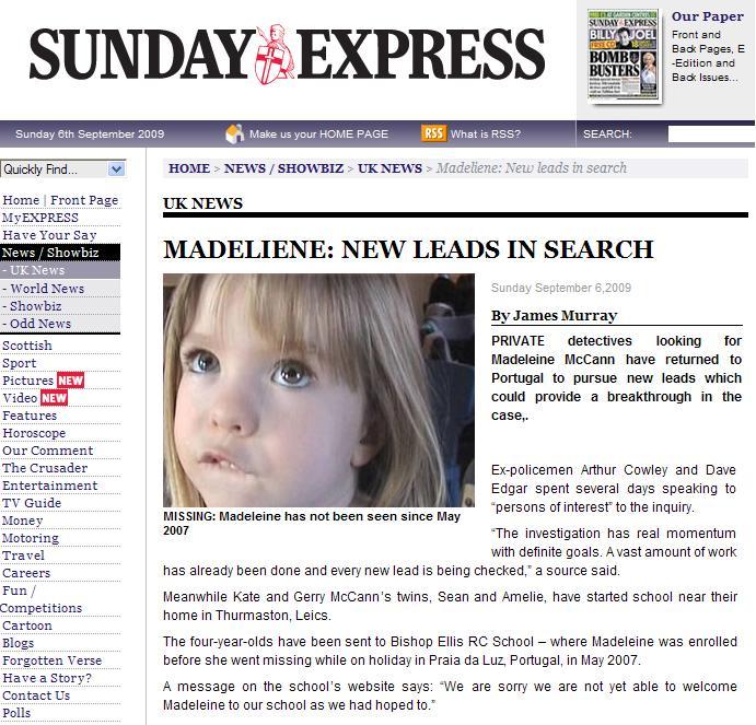 Screenshot showing misspelling of Madeleine's name, Sunday Express, 06 September 2009