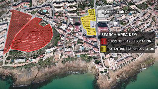 The previous search area near the Ocean Club Resort in Praia da Luz