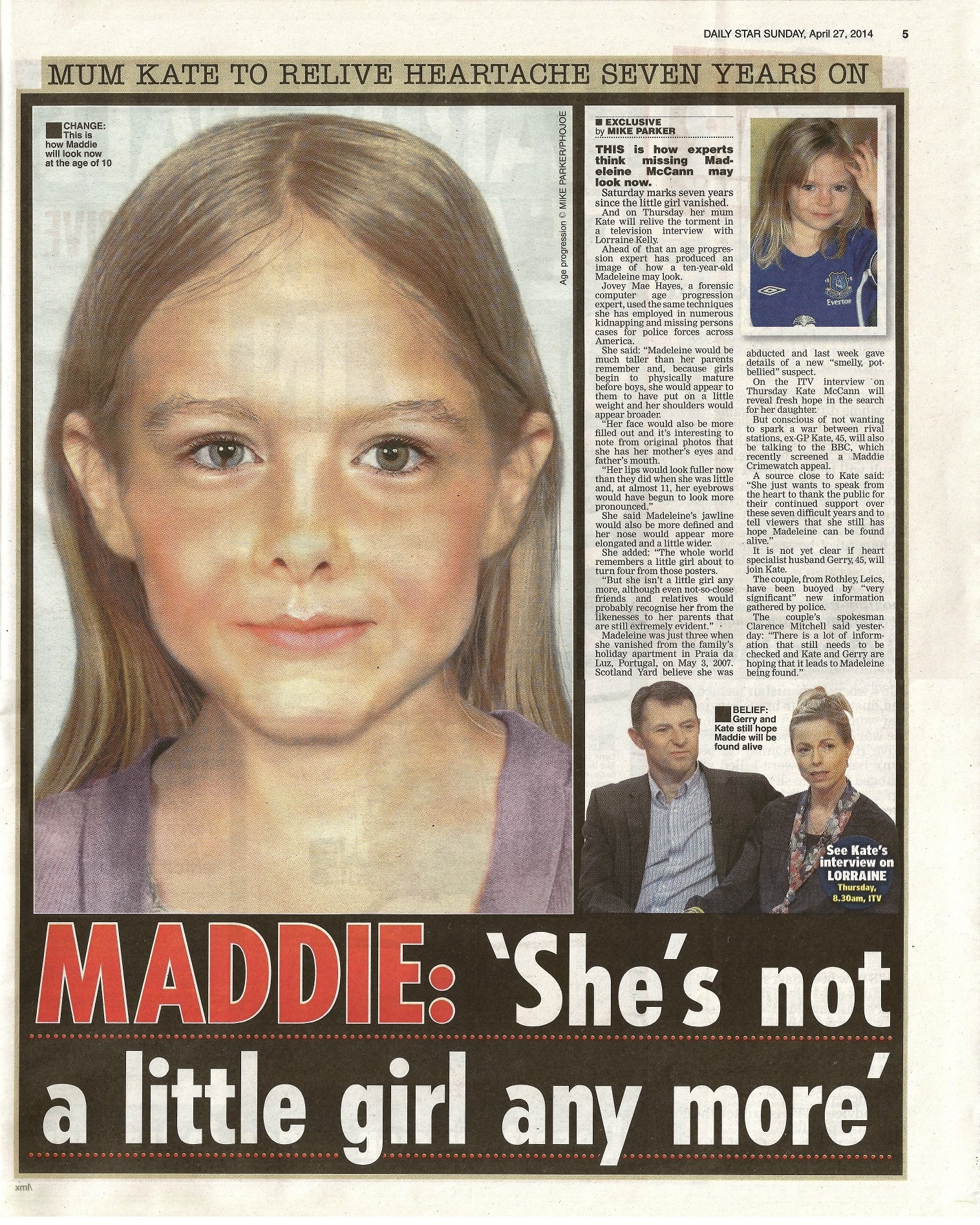 Maddie: 'She's not a little girl anymore' Daily Star Sunday (paper edition, page 5)