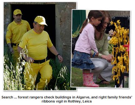Search ... forest rangers check buildings in Algarve, and right family friends' ribbons vigil in Rothley, Leics
