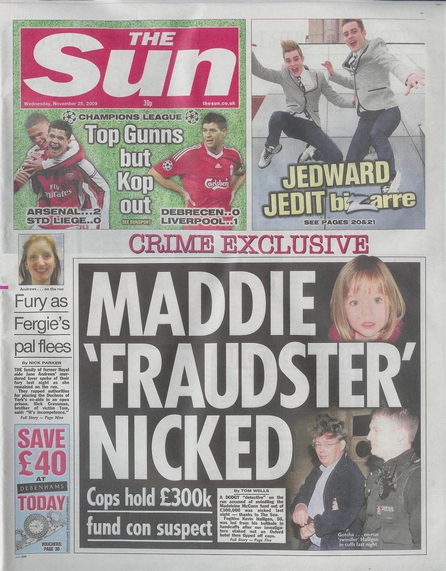Maddie 'fraudster' nicked - The Sun, 25 November 2009 (paper edition)