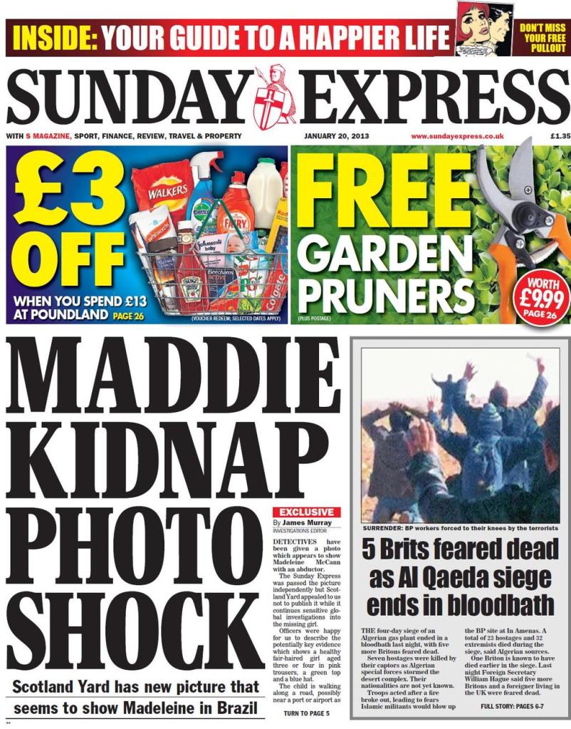 Sunday Express front page, 20 January 2013