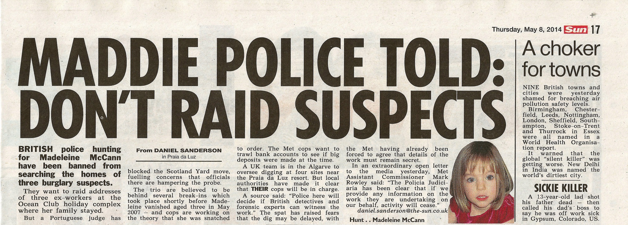 Maddie police told: Don't raid suspects - The Sun (paper edition, page 17)