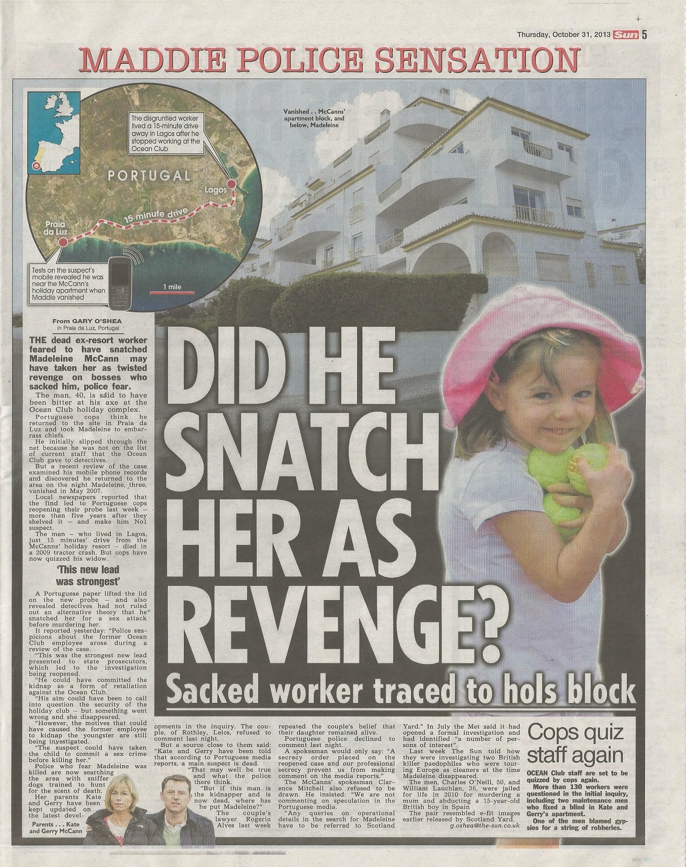 The Sun, paper edition, page 5: 'DID HE SNATCH HER AS REVENGE?', 31 October 2013