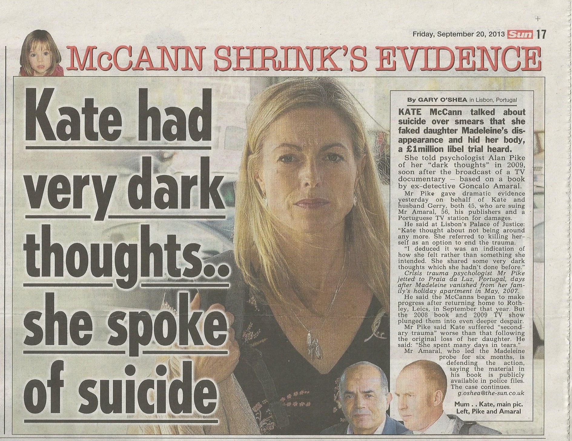 Kate had very dark thoughts..she spoke of suicide - The Sun, paper edition, 20 September 2013