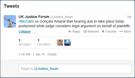 McCanns vs Gonçalo Amaral libel hearing postponed UK Justice Forum - Twitter 