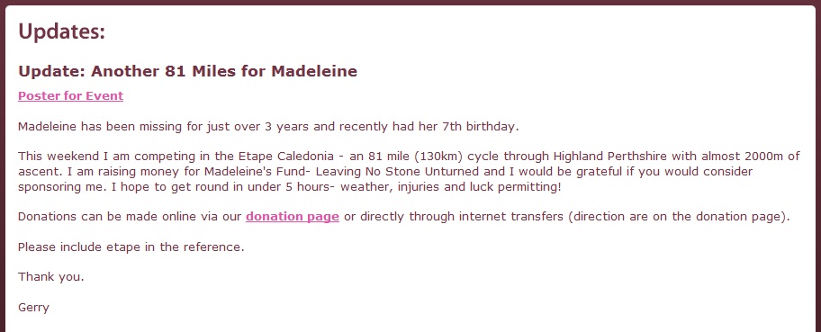 findmadeleine.com update, 14 May 2010