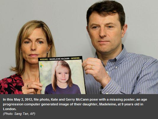 In this May 2, 2012, file photo, Kate and Gerry McCann pose with a missing poster, an age progression computer generated image of their daughter, Madeleine, at 9-years-old, in London.
